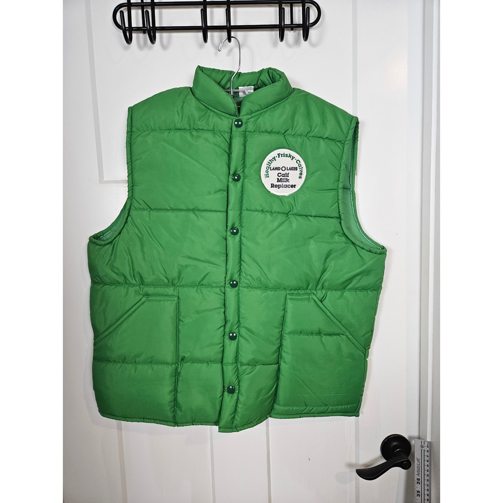 Vintage Land O Lakes Calf Milk Replacer Puffer Vest Green Mens Large USA Made